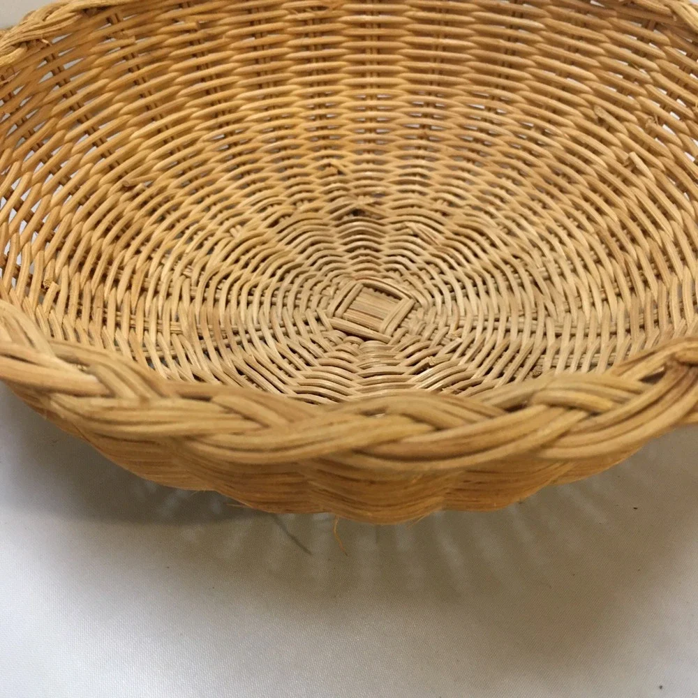 Woven Wicker Basket Home Decor 9in Tan Round Braided Rim Cottagecore